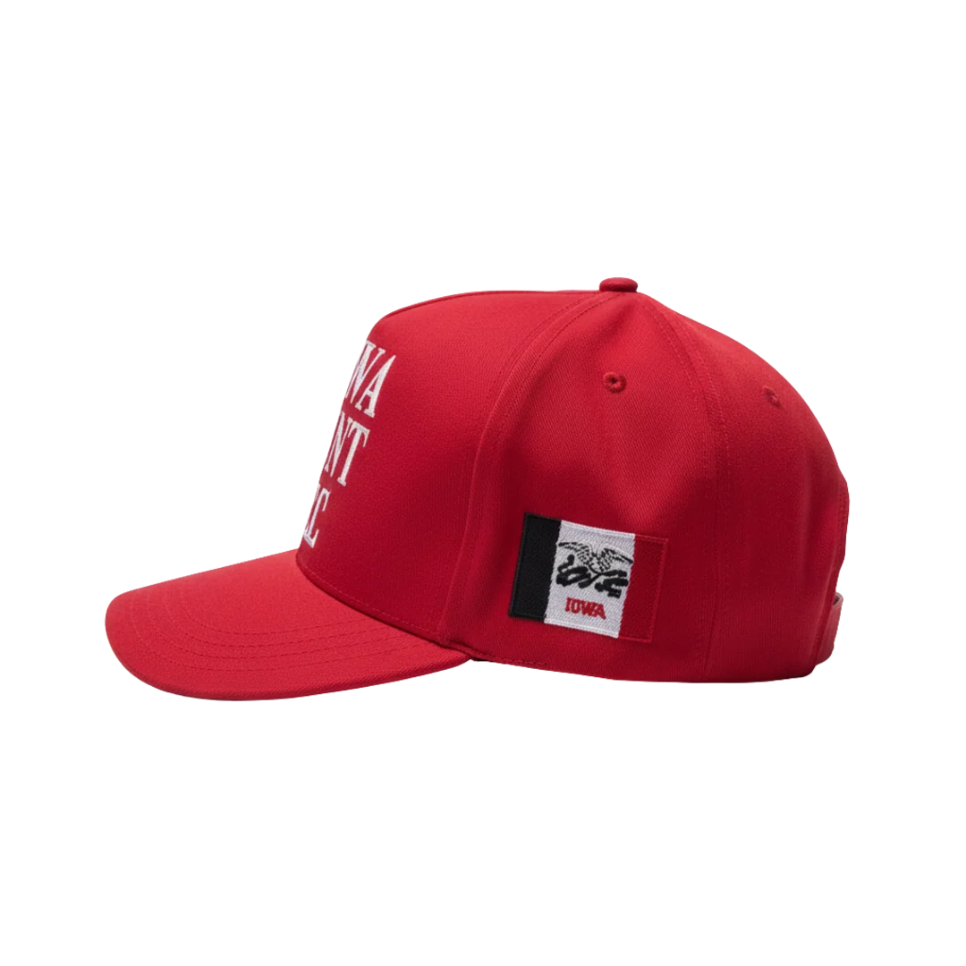 Red "Iowa First" baseball cap displaying the Iowa state flag emblem, supporting Zach Lahn's campaign