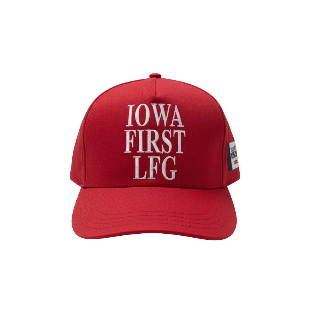 Red Iowa First hat with "Iowa First LFG" embroidered in white lettering, a campaign item