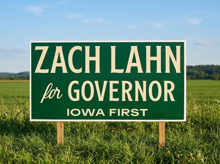Zach Lahn for Governor campaign sign displayed in an Iowa field, promoting his "Iowa First"