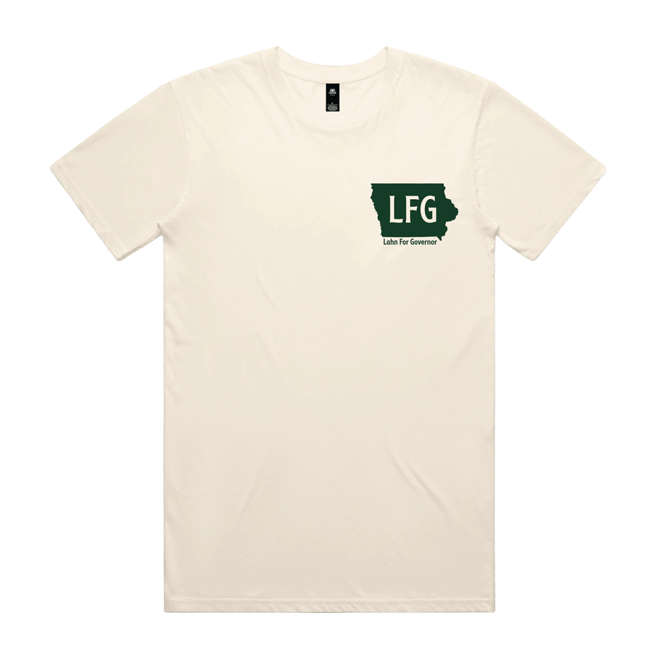 Cream-colored Iowa First tee shirt displaying "LFG" logo, representing Zach Lahn for Governor campaign merchandise