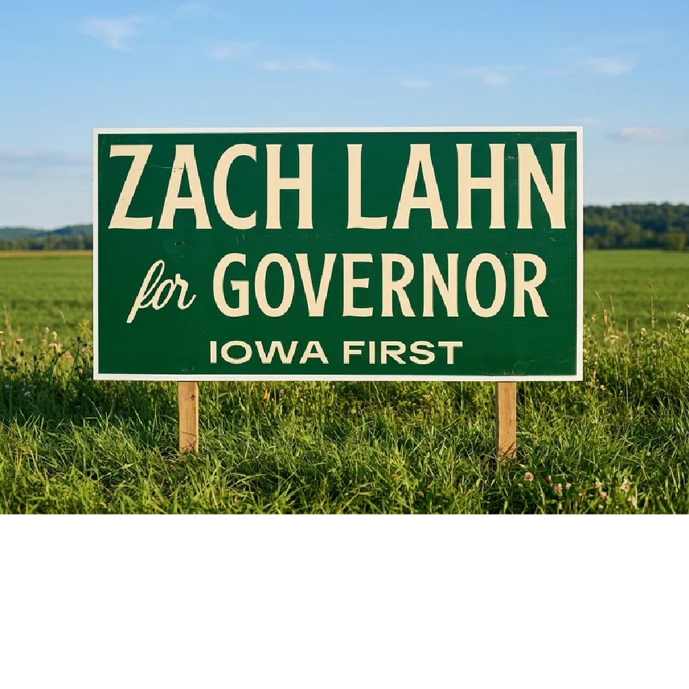 Zach Lahn for Governor yard sign displayed in an Iowa field, promoting the “Iowa First”