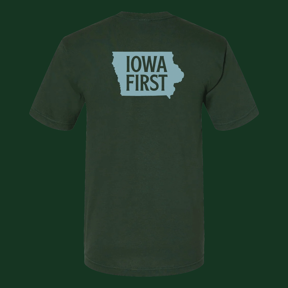 Dark green t-shirt displaying a graphic of the state of Iowa with "Iowa First" text