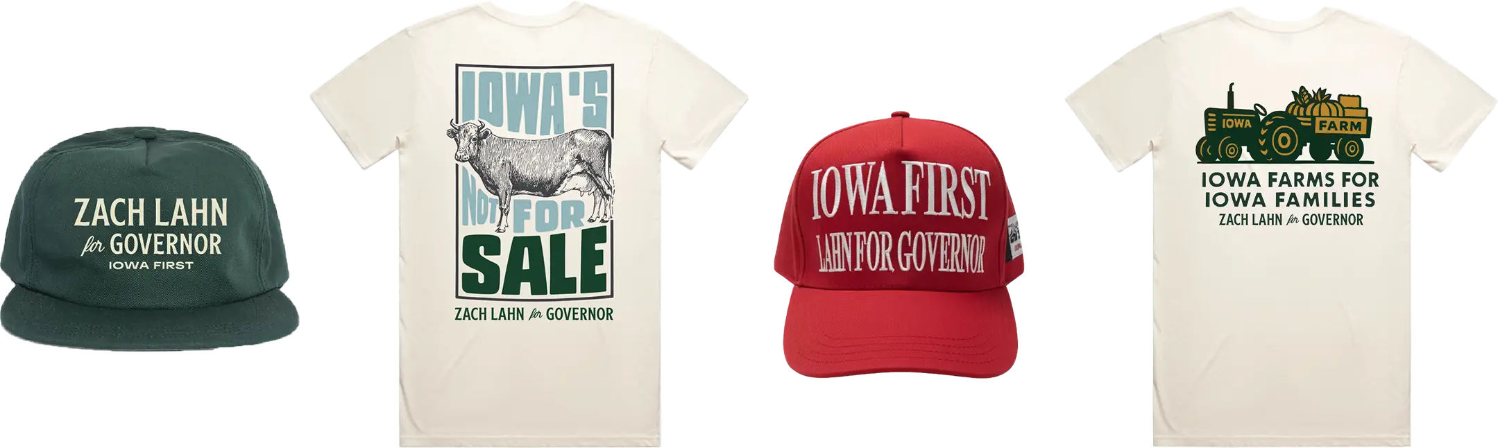 Zach Lahn campaign merchandise including a t-shirt with an Iowa bull graphic, a red hat