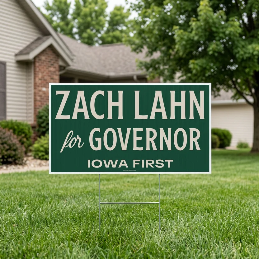 Yard sign displaying "Zach Lahn for Governor" with "Iowa First" messaging, supporting Zach Lahn's campaign