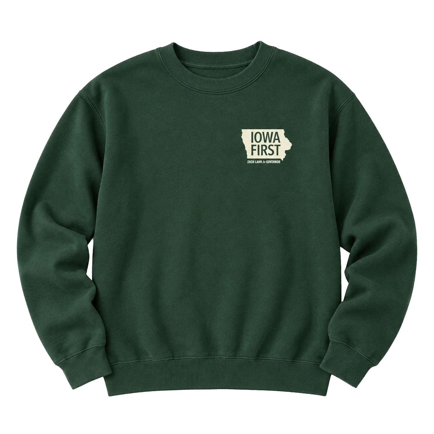 Green crewneck sweatshirt displaying the Iowa state outline with "Iowa First" and "Zach Lahn