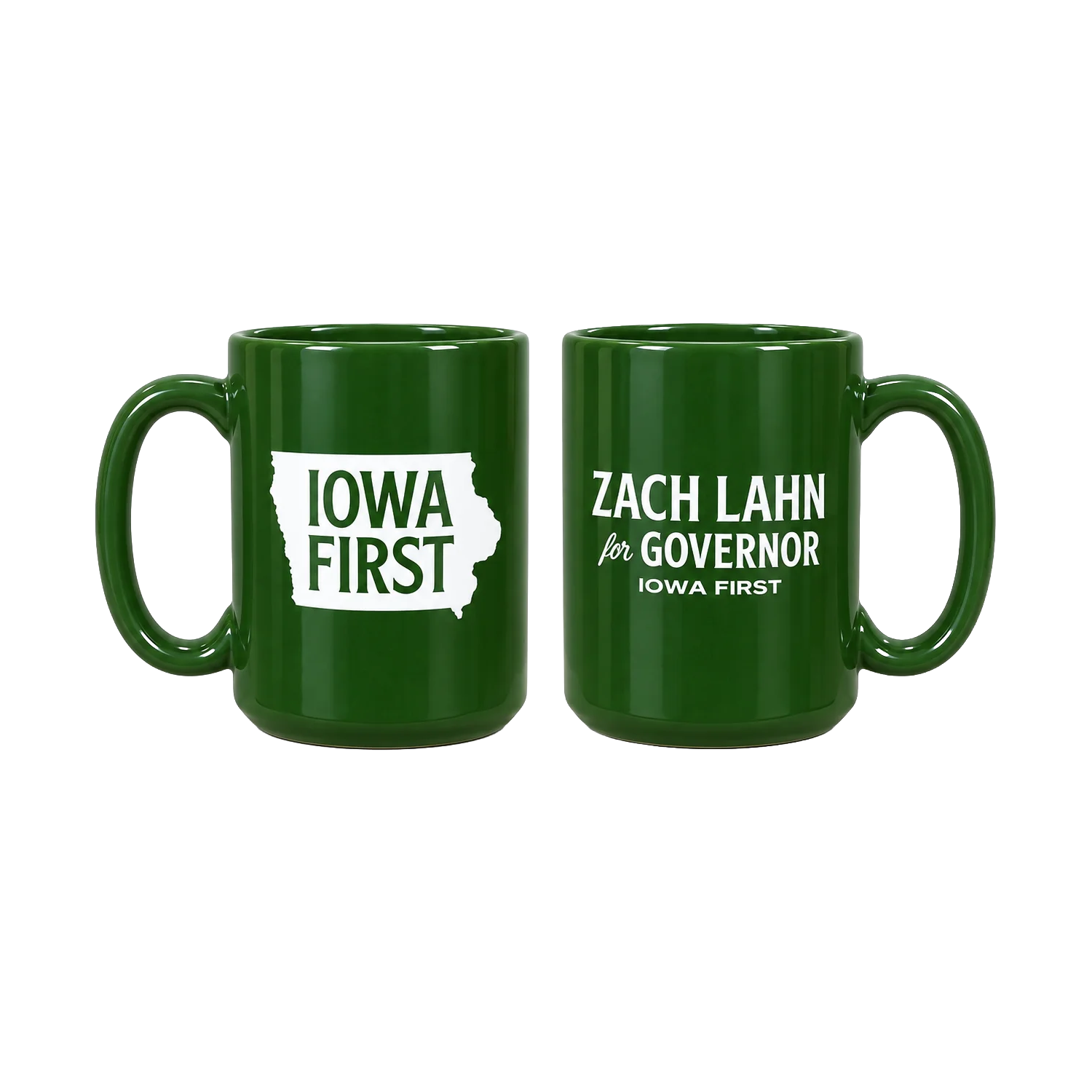 Green mug displaying "Iowa First" and "Zach Lahn for Governor, Iowa First" text, supporting Zach