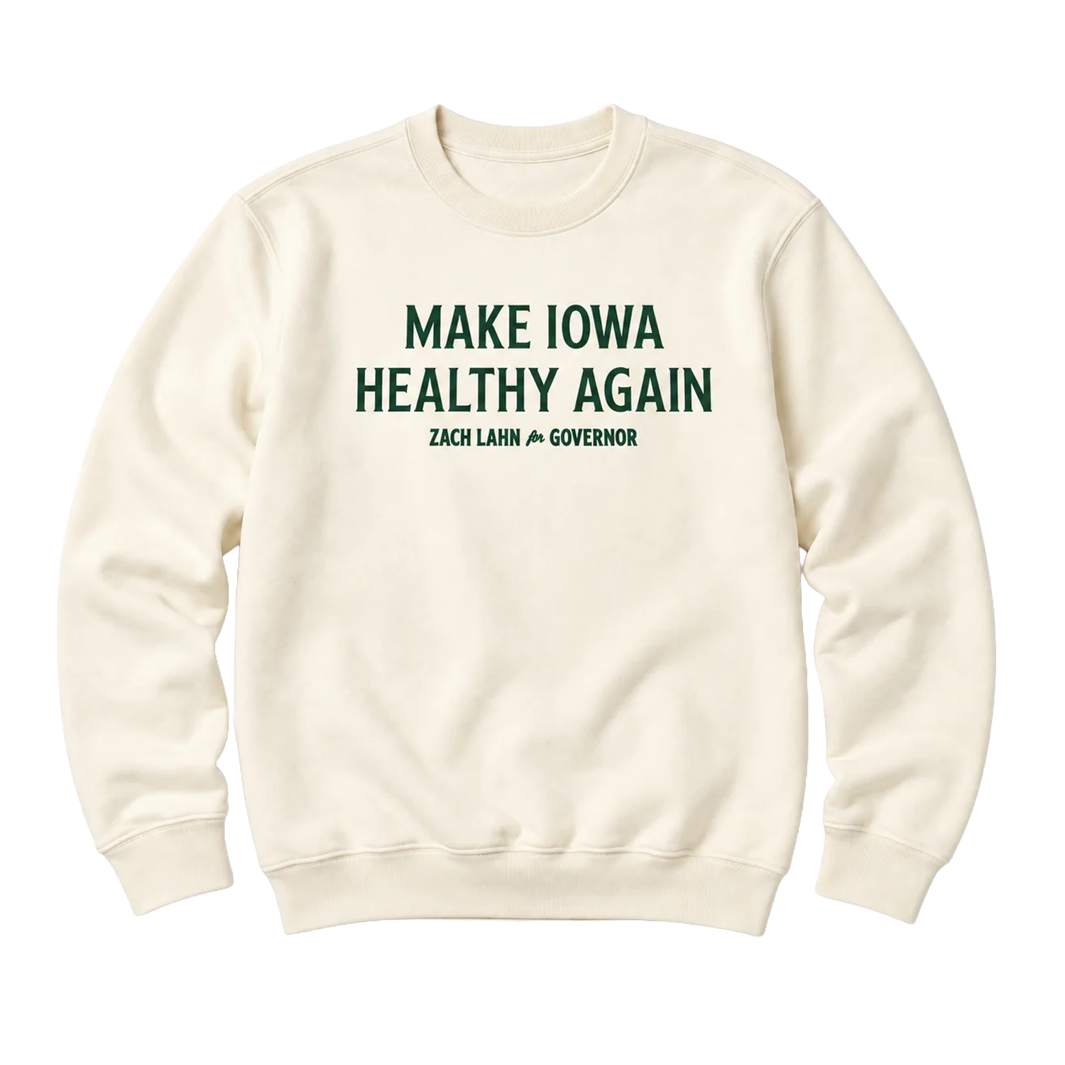 Cream-colored crewneck sweatshirt displaying "Make Iowa Healthy Again" in bold green lettering, with "Zach Lahn