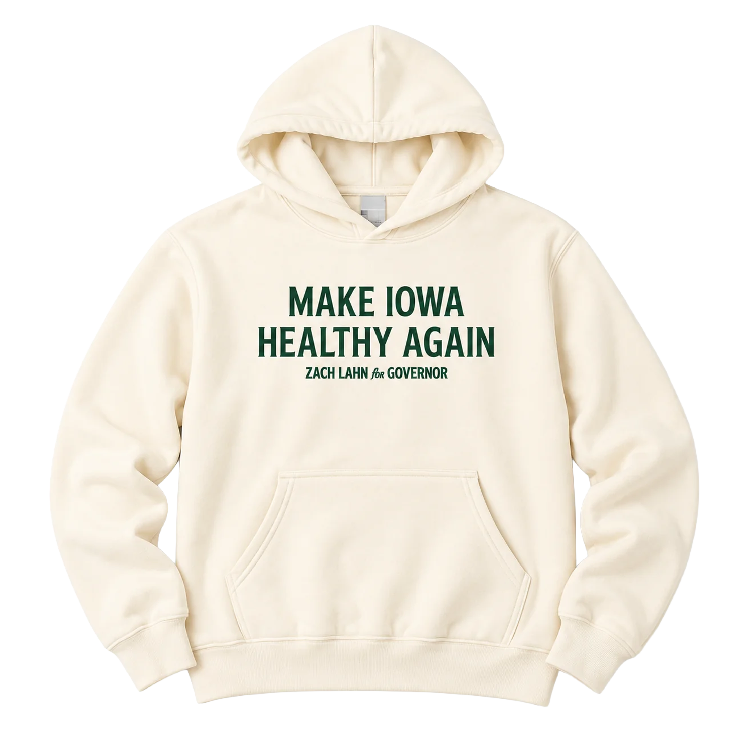 Cream-colored hoodie displaying "Make Iowa Healthy Again" text and "Zach Lahn for Governor" branding, supporting