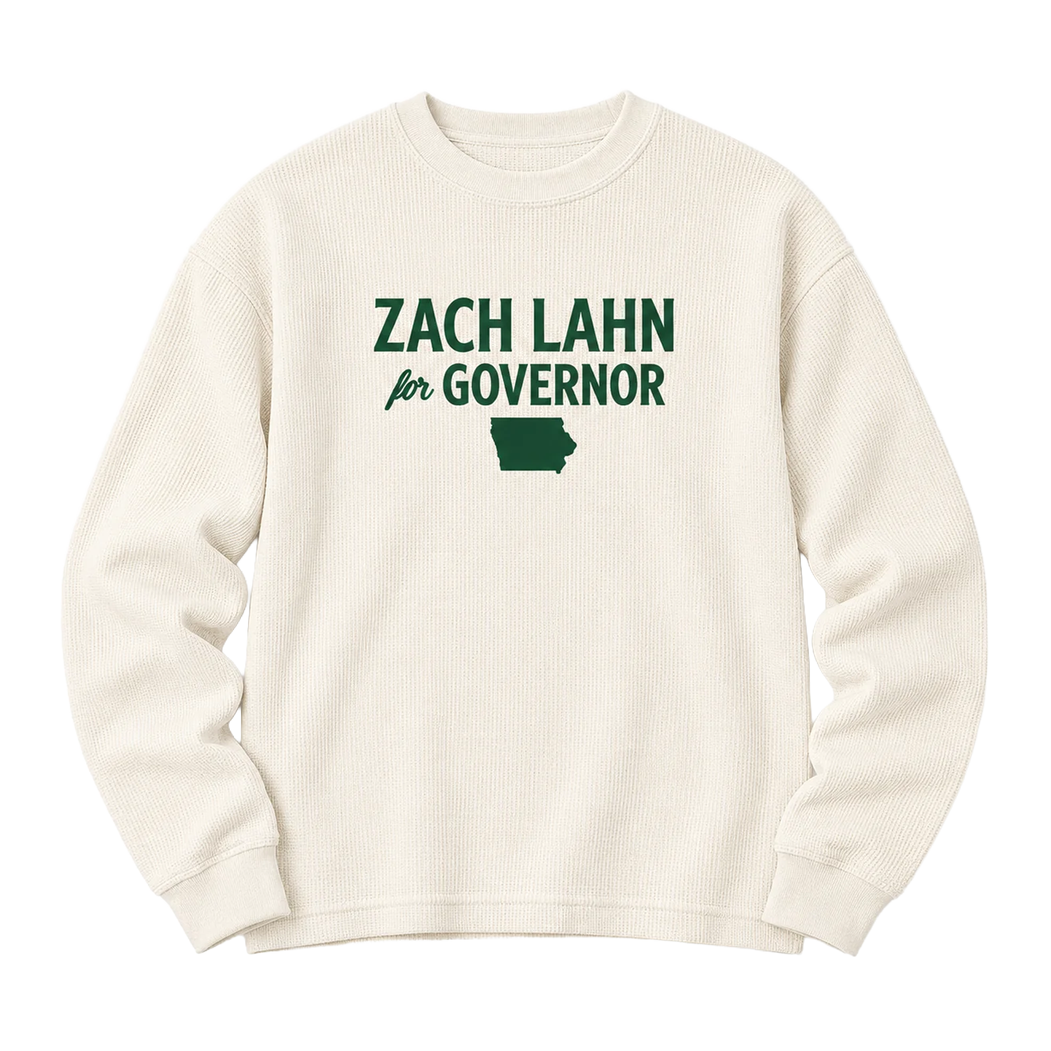 Cream-colored waffle knit sweater displaying "Zach Lahn for Governor" text and the state of Iowa