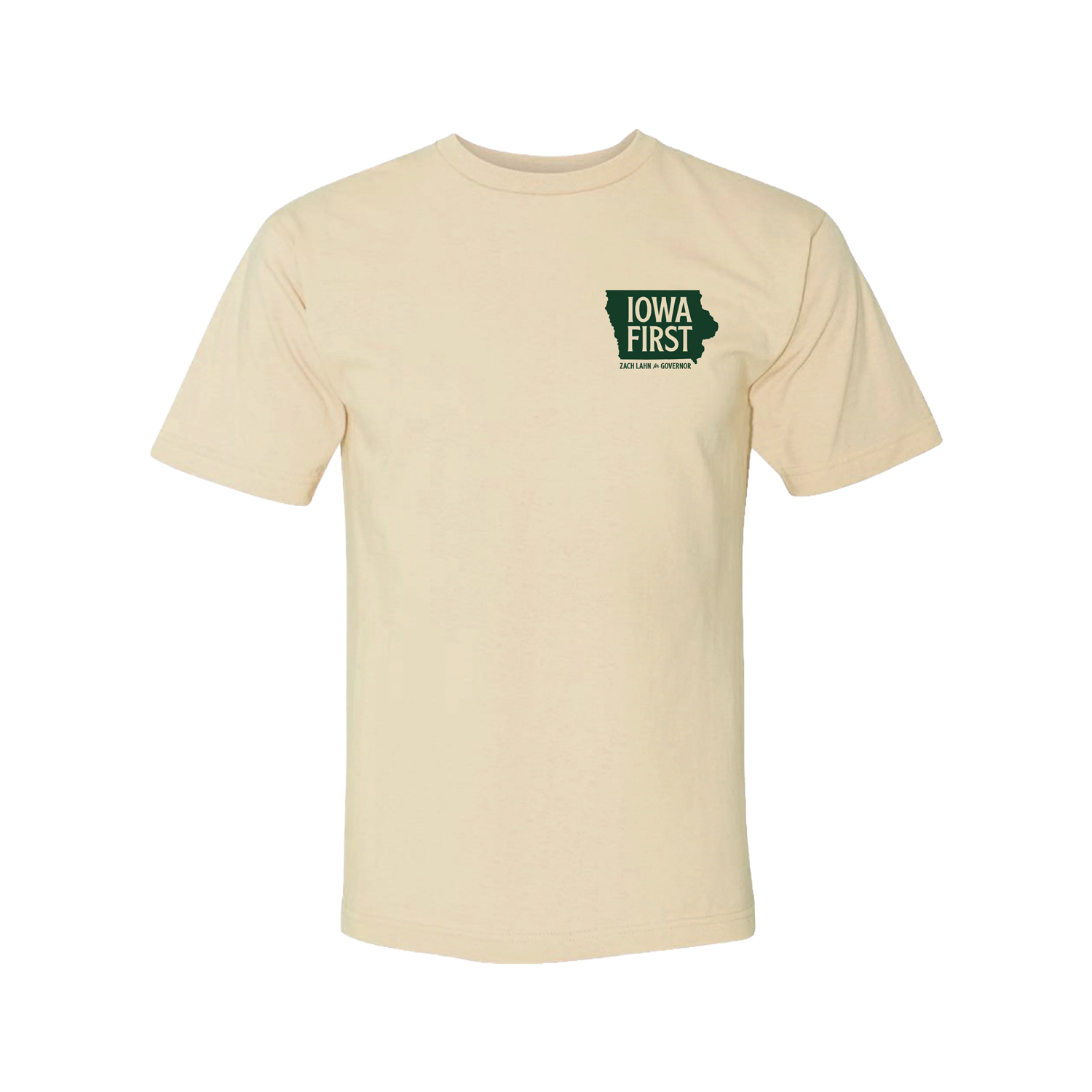 Cream-colored t-shirt displaying the Iowa state outline with "Iowa First" and "Zach Lahn for Governor"