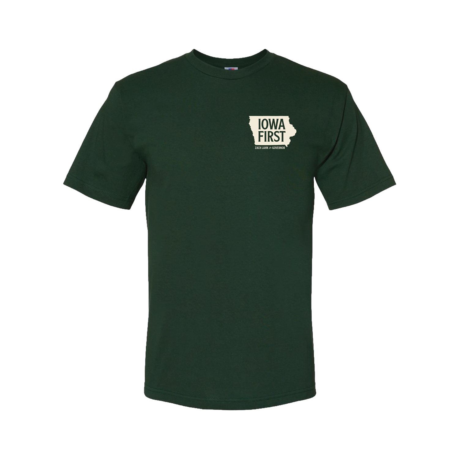 Green t-shirt displaying the state of Iowa with "Iowa First" and "Zach Lahn for Governor"